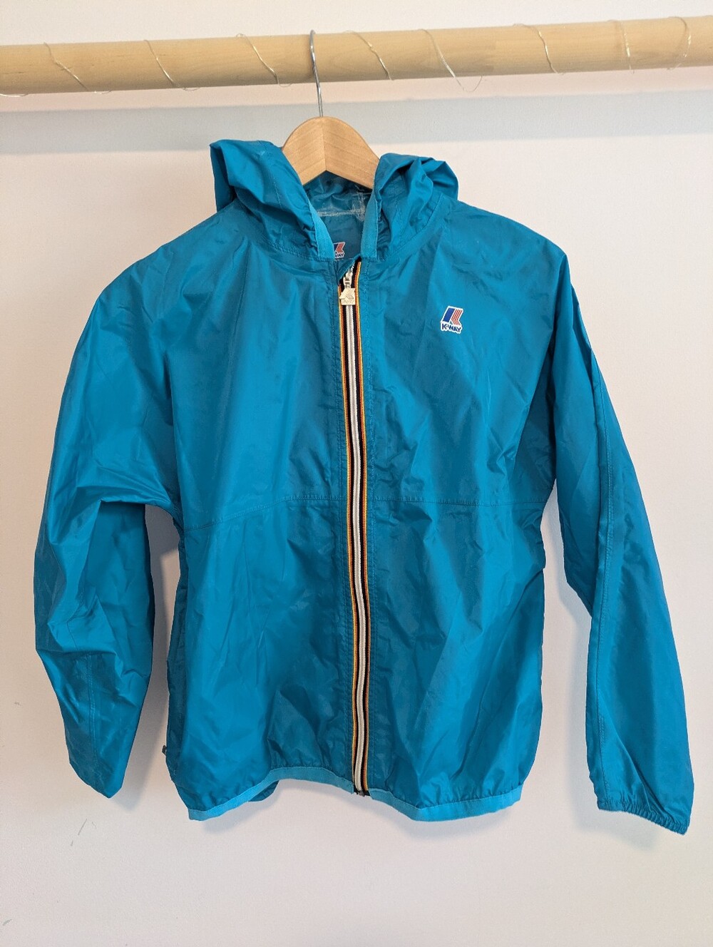 K-Way Blue Packable Hooded Windbreaker with Striped Zipper